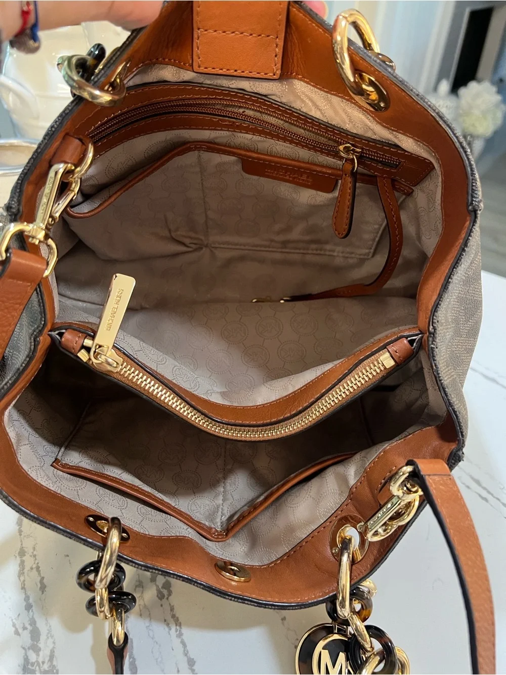 Michael Kors Brown MK Signature Shoulder Bag with Gold Hardware